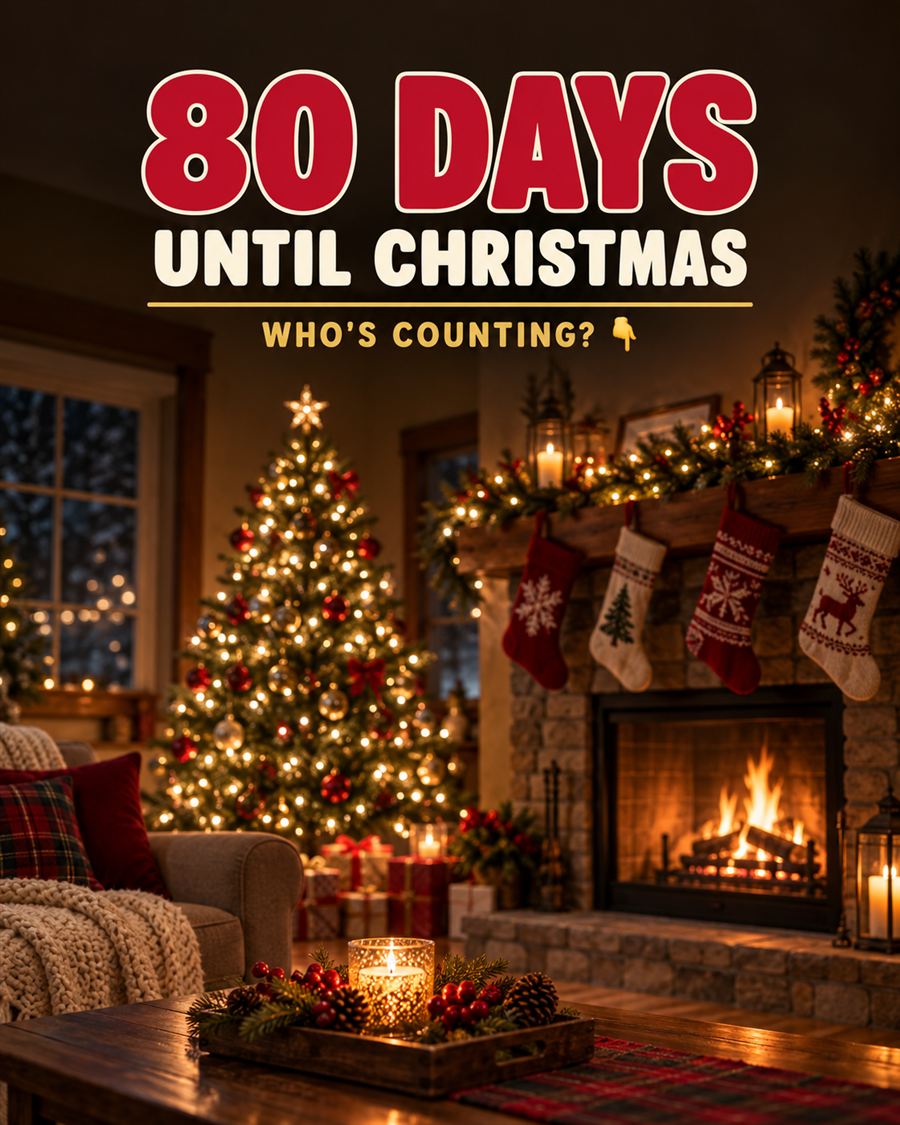 A cozy living room with a lit tree, fireplace and stockings, with the words 80 days until Christmas