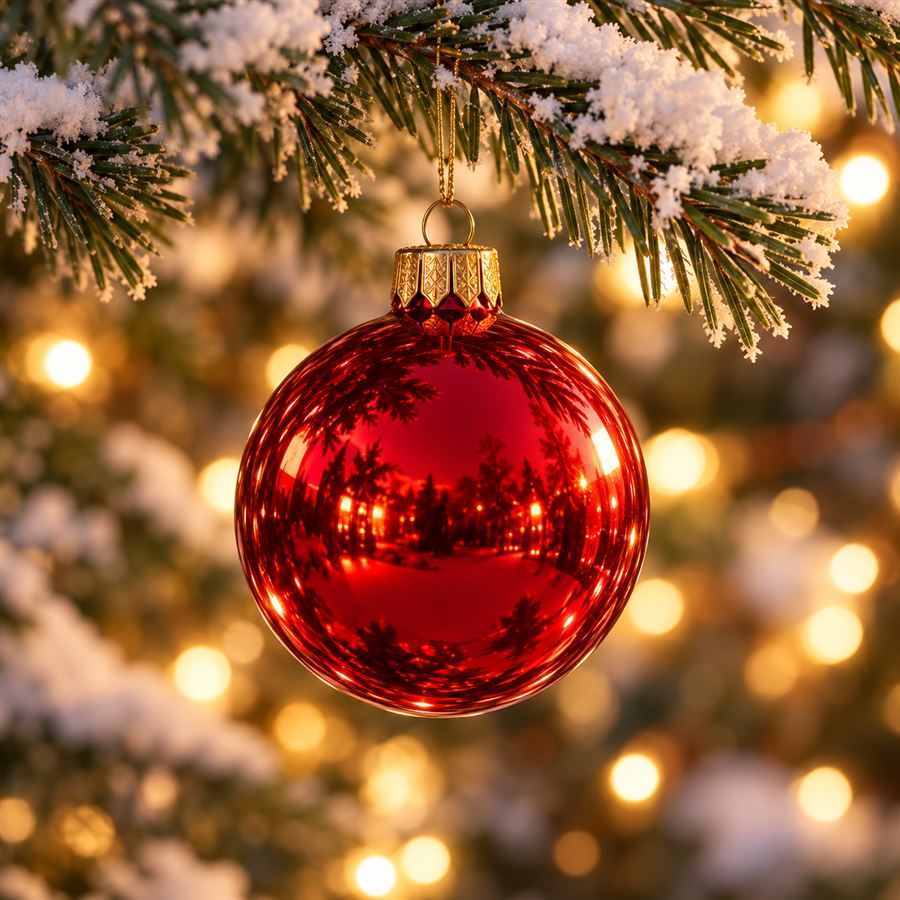 A shiny red Christmas ornament hanging from a snowy pine branch