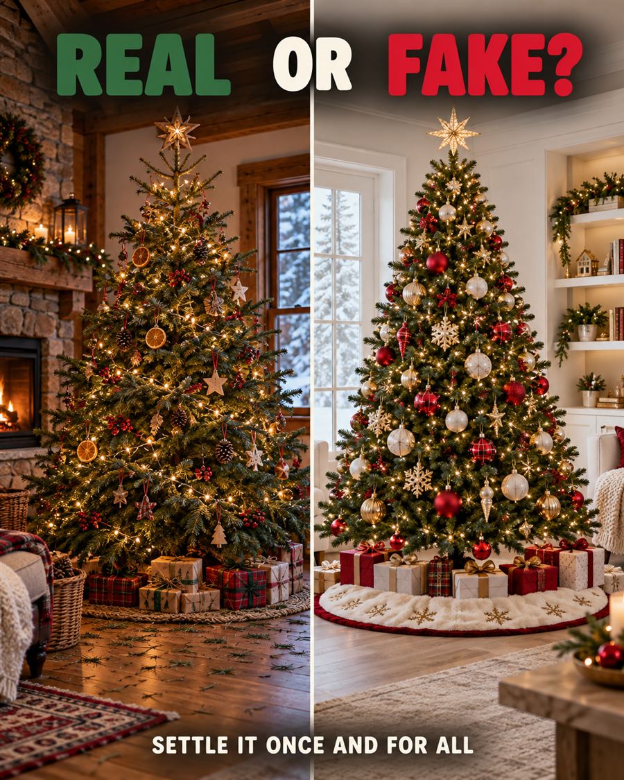 A real Christmas tree beside an artificial one, with the words Real or Fake