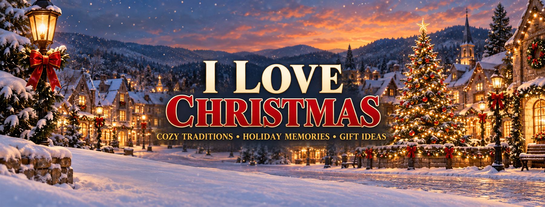 A snowy Christmas village at dusk with a lit tree, wreaths and glowing windows, under the words I Love Christmas